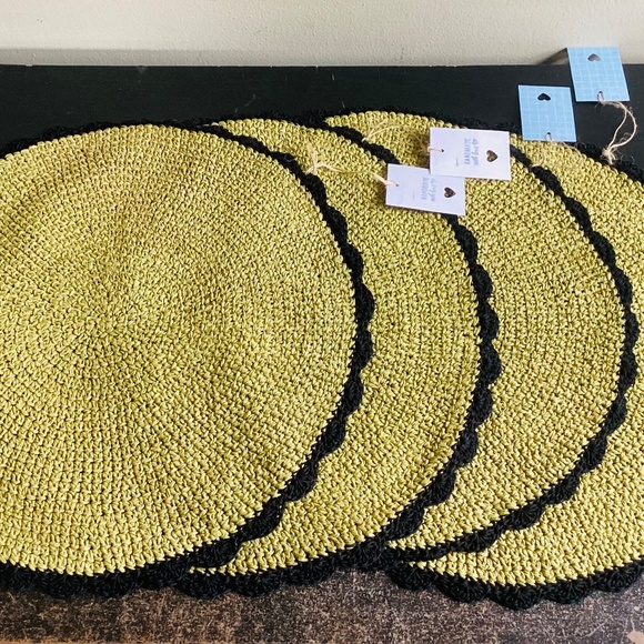Crochet Ruffia Round Scalloped Placemats Set Of 4 Green Black Handcrafted 15” - Picture 7 of 9